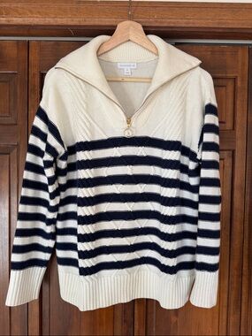 Charter Club Cream and Navy Striped 3/4-Zip Cable Knit Sweater- Womens Medium